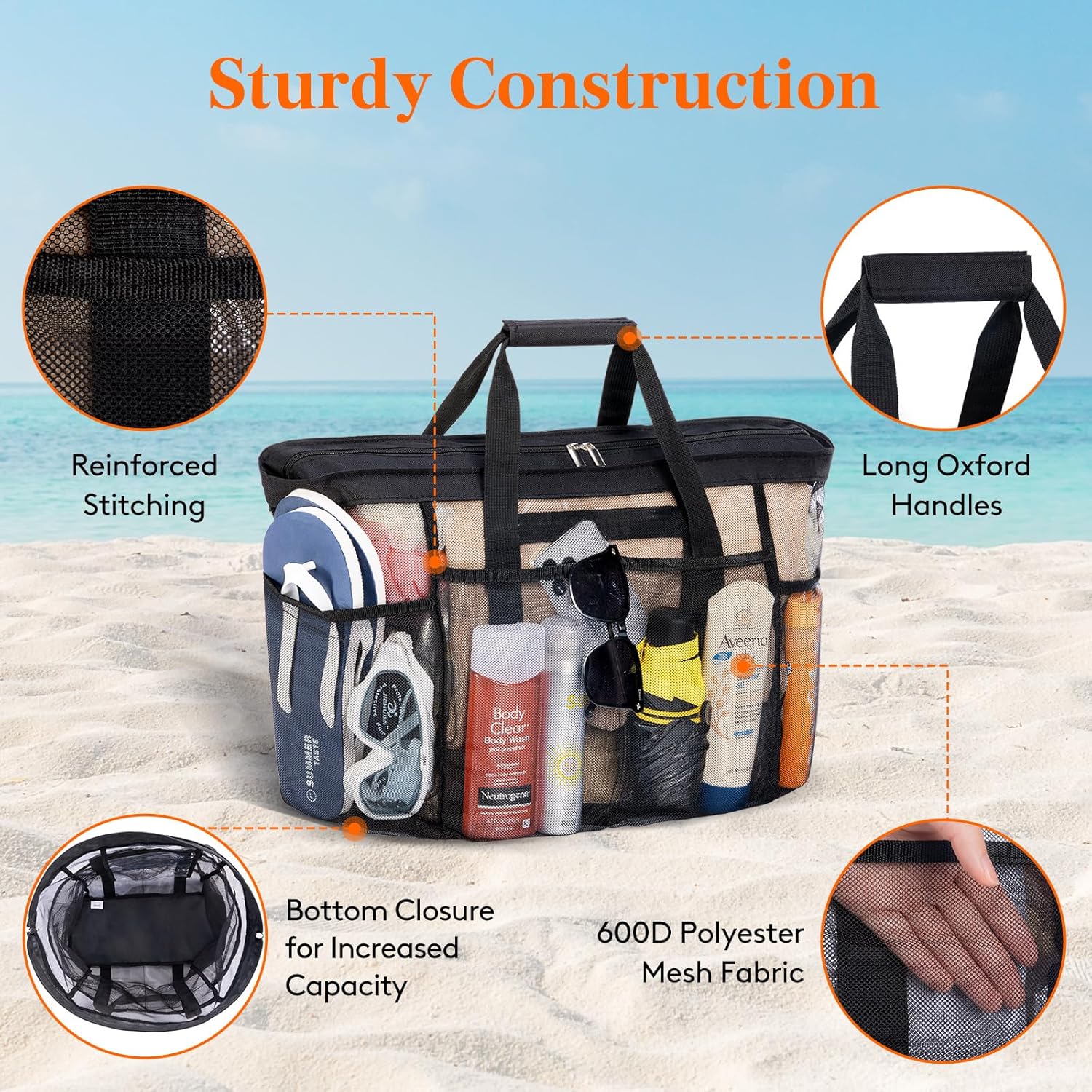 Mesh Beach Bags for Women, Large Travel Tote bags with Zipper and Pockets, Lightweight Shower Caddy