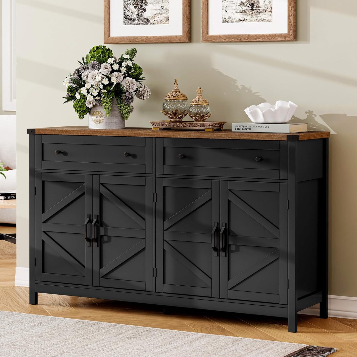 Sideboard Buffet Cabinet with Storage, Buffet Storage Cabinet with 2 Drawers and 4 Barn Doors