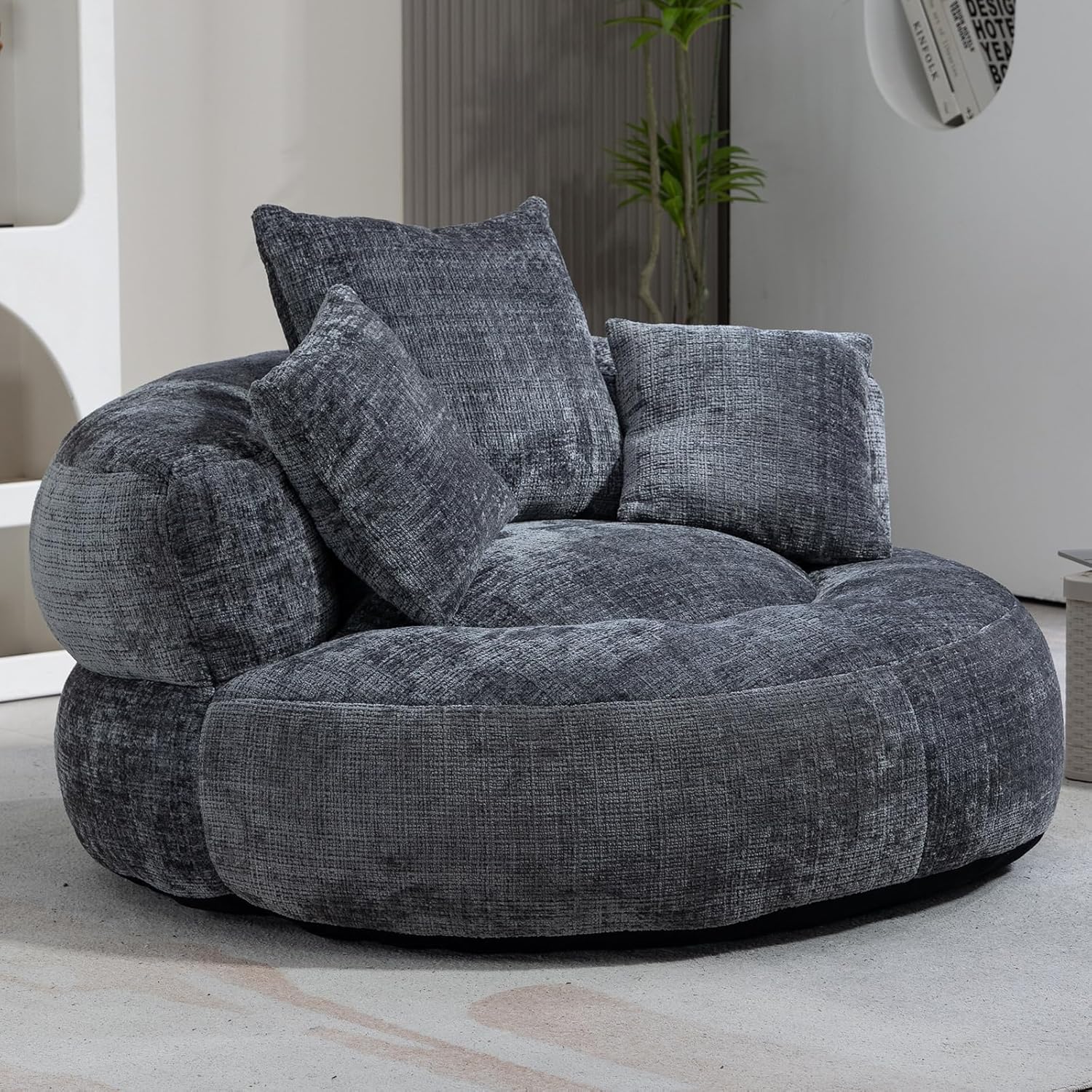Round Bean Bag Chair for Adult, Chenille Upholstered Bean Bag Sofa with Pillows, Giant Bean Bag Couch