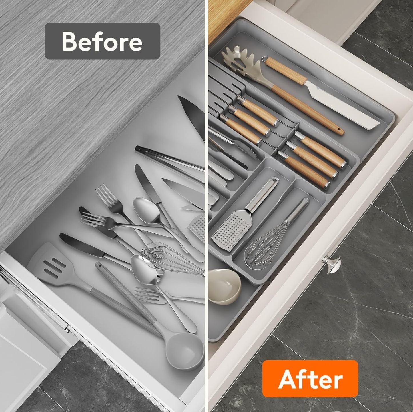 Silverware Organizer for Kitchen Drawers, Expandable Utensil Tray with Removable Knife Block