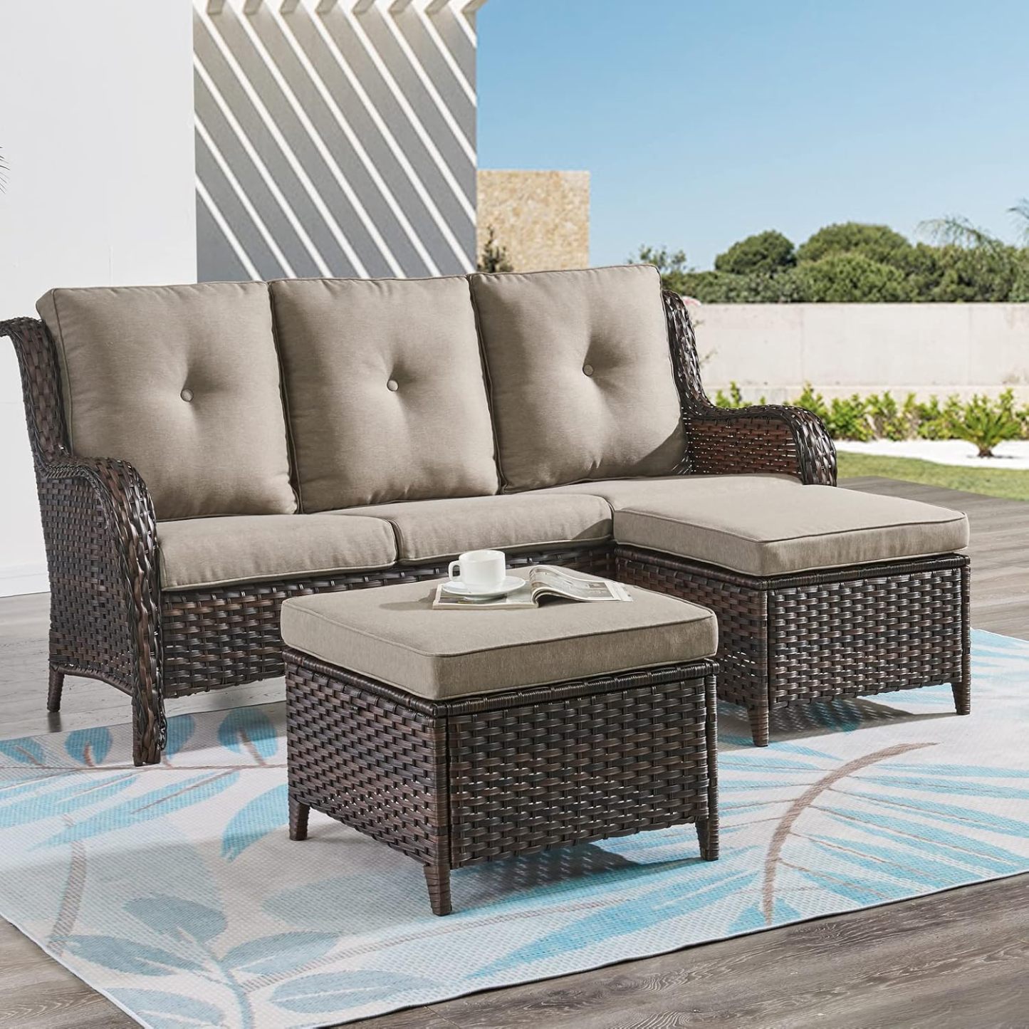 Outdoor Ottomans for Patio Set of 2 PE Wicker Steel Frame Outdoor Footstool for Patio, Backyard, Additional Seating, Side Tables with Removable Weather-Resistant Cushions