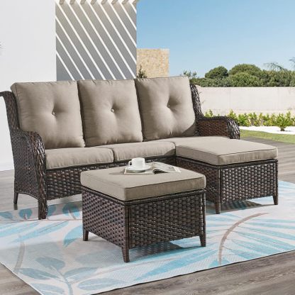 Outdoor Ottomans for Patio Set of 2 PE Wicker Steel Frame Outdoor Footstool for Patio, Backyard, Additional Seating, Side Tables with Removable Weather-Resistant Cushions