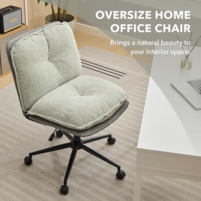 Home Office Chair, Teddy Upholstered Desk Chair with Thick Cushion, Armless Swivel Task Chair, Adjustable Height 360° Rolling Ergonomic Chair