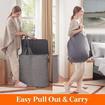 Double Laundry Hamper with Lid and Removable Laundry Bags, Large Collapsible 2 Dividers Dirty Clothes Basket with Handles