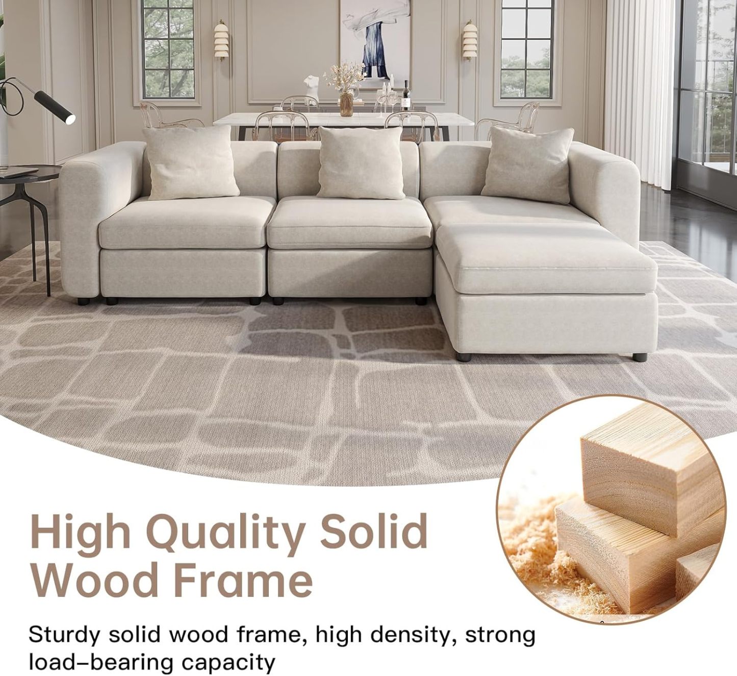 Off-White Comfy Queen Sectional Sofa, Sleeper Sofa Couch with Removable Cushion, Modular Sofa with Pillows and Storage Chaise