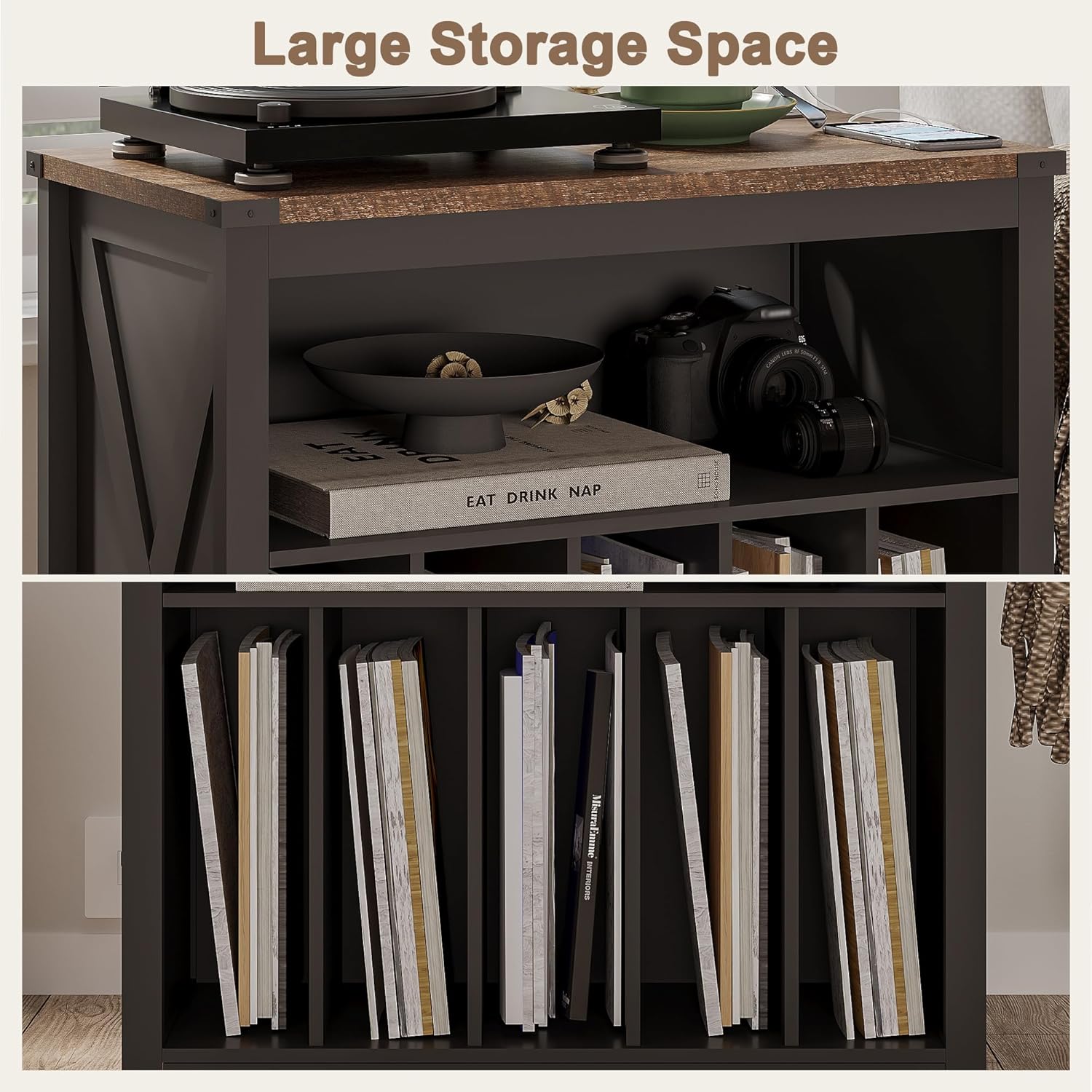 Large Record Player Stand with Charging Station & LED Light, Vinyl Record Holder hold up to 300 Albums