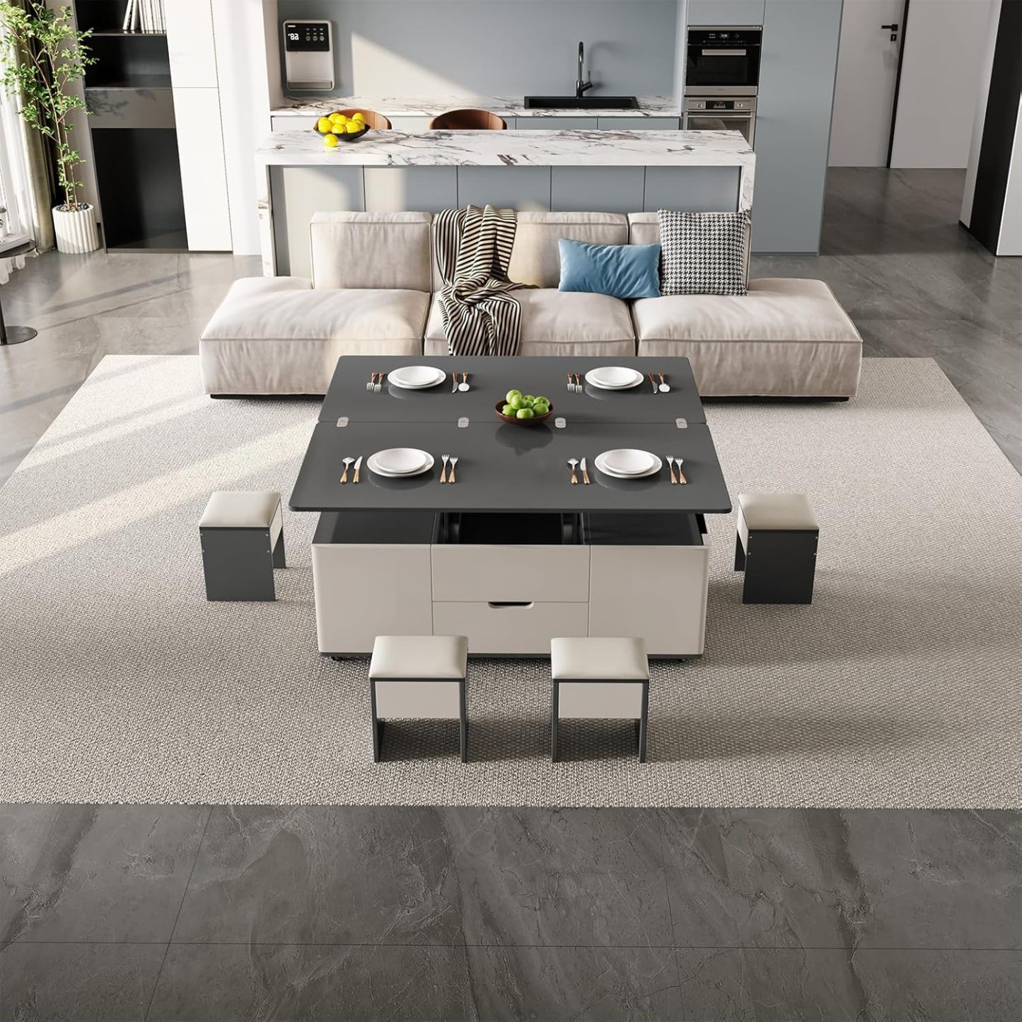 Lift Top Coffee Table with 2 Seats Set, Faux Marble Print Top Coffee Table with Movable Wheels,Convertible to Dining Table