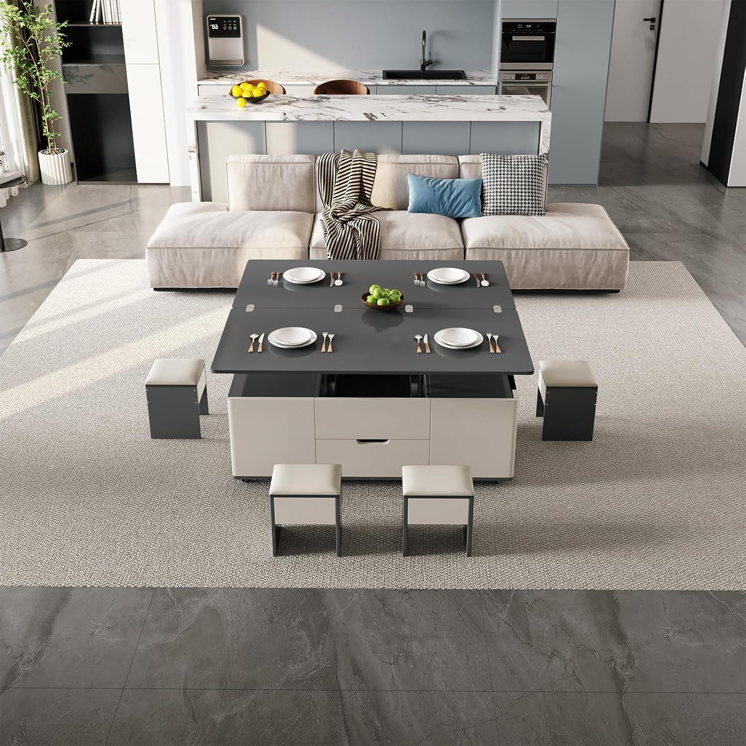 Lift Top Coffee Table with 2 Seats Set, Faux Marble Print Top Coffee Table with Movable Wheels,Convertible to Dining Table