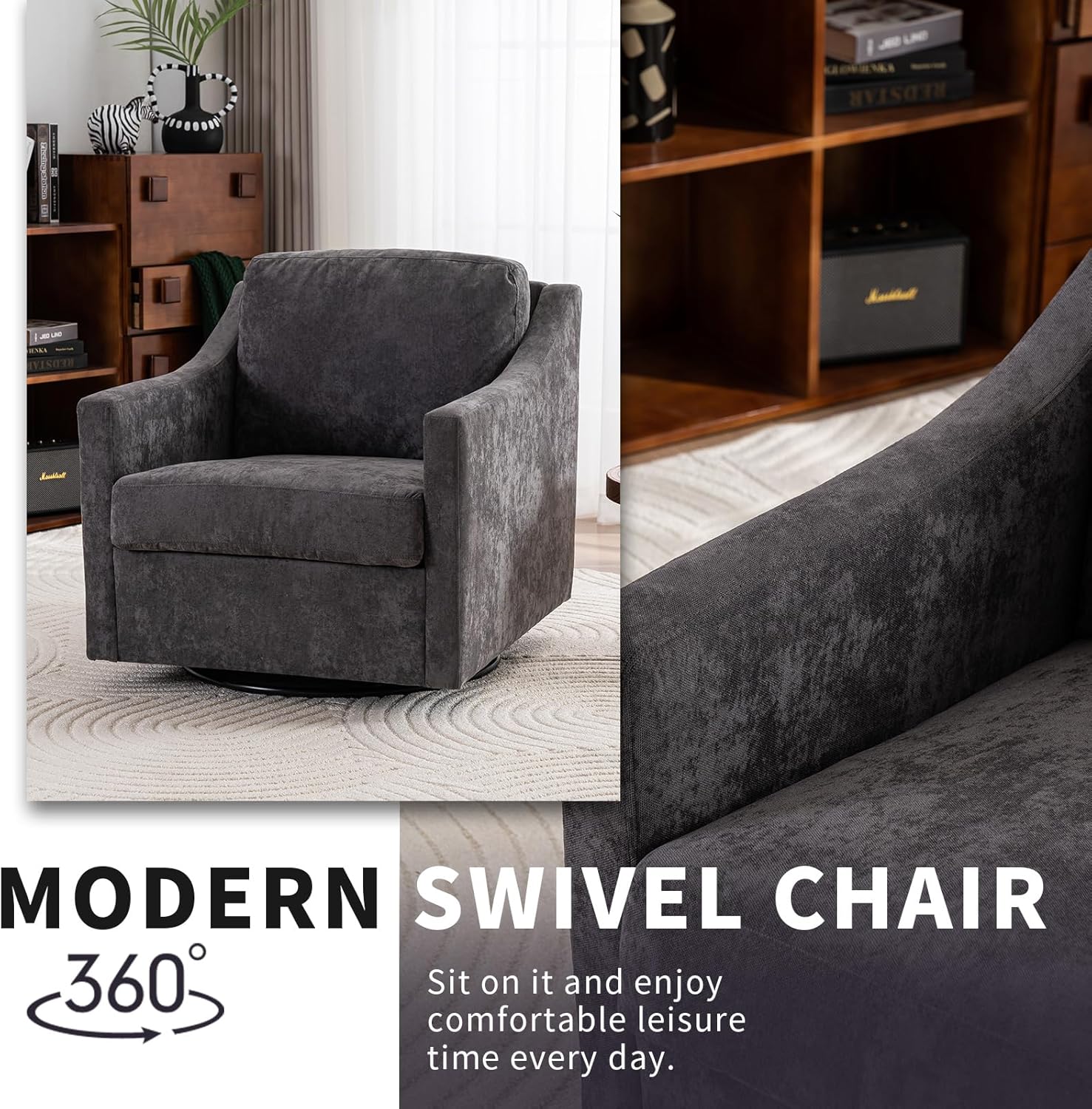 360 Degree Swivel Chair, Linen Upholstered Swivel Barrel Chair with Straight Armrest, Square Club Sofa Chair with Metal Base