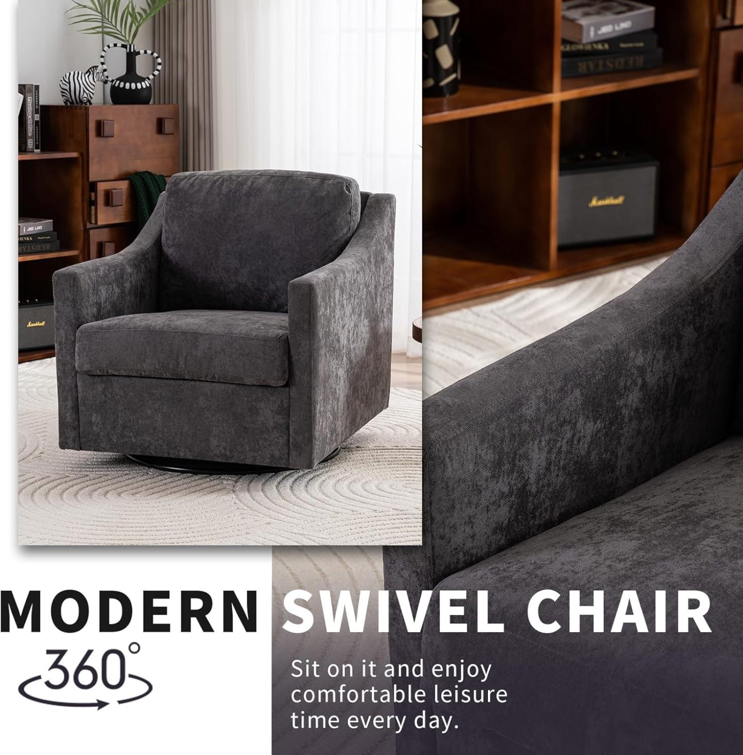 360 Degree Swivel Chair, Linen Upholstered Swivel Barrel Chair with Straight Armrest, Square Club Sofa Chair with Metal Base