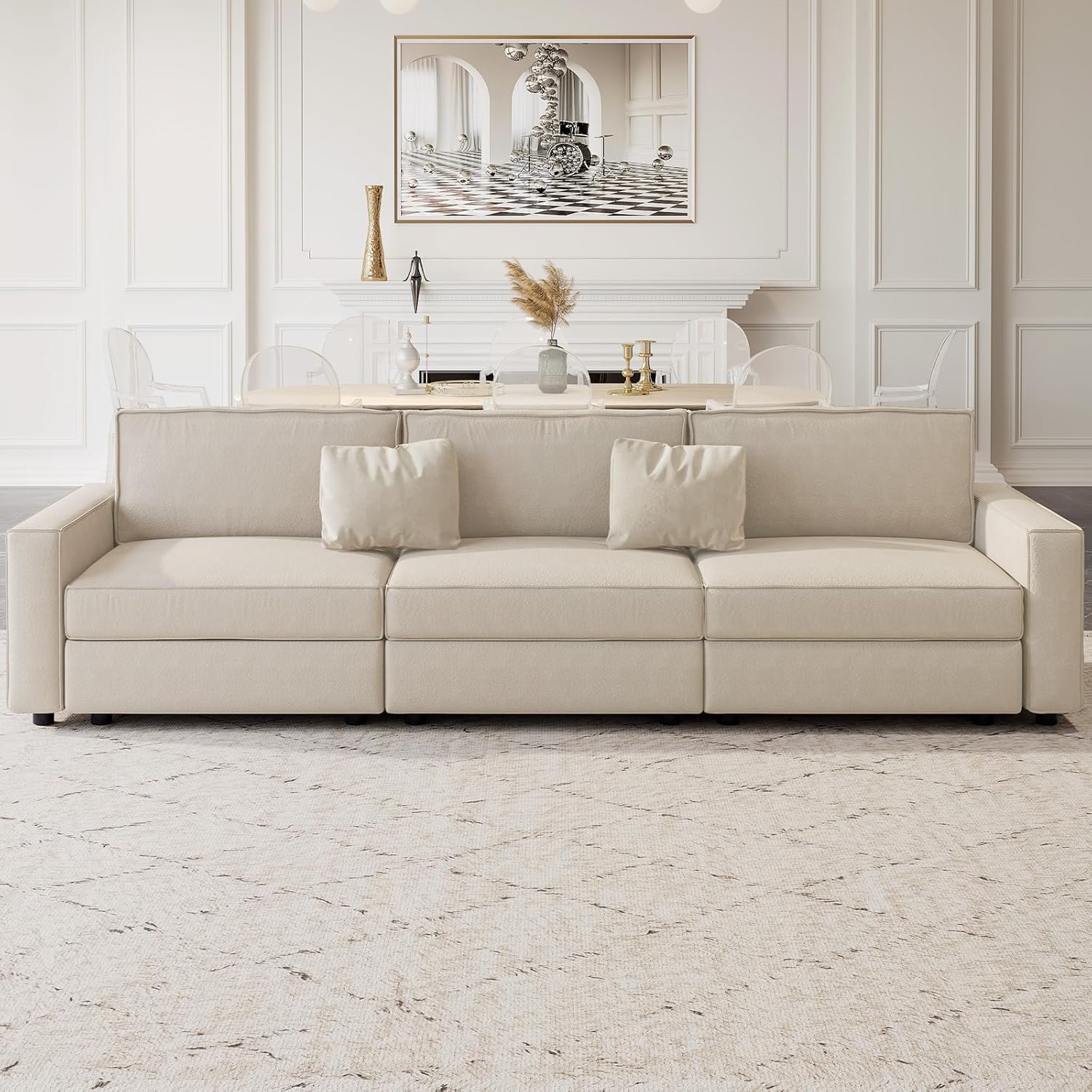 122" 3 Seats Beige Sectional Sofa, Modern Oversized Modular Sofa Couch with Removable Cushions, Sturdy Pine Wood Frame for Long Time