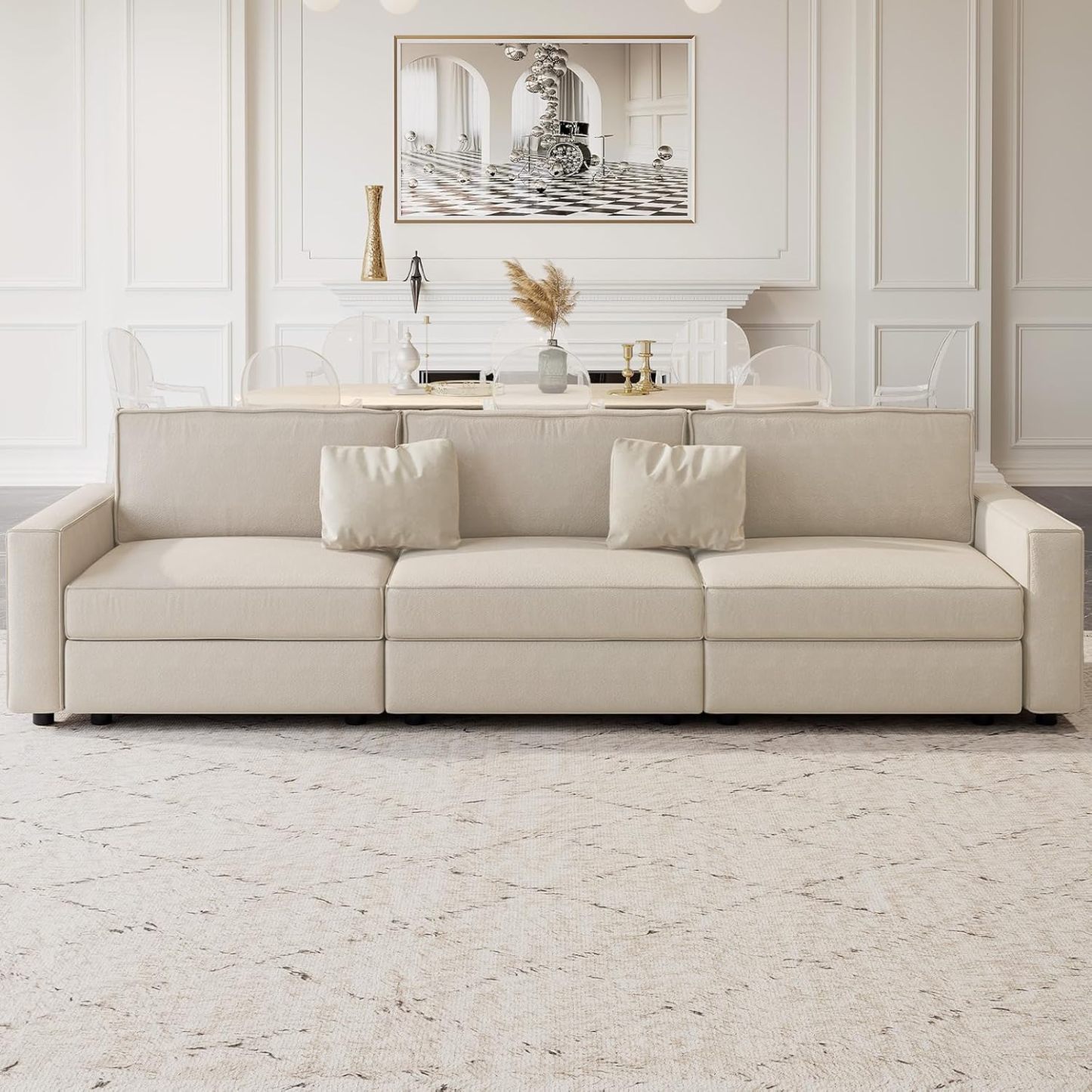 122" 3 Seats Beige Sectional Sofa, Modern Oversized Modular Sofa Couch with Removable Cushions, Sturdy Pine Wood Frame for Long Time