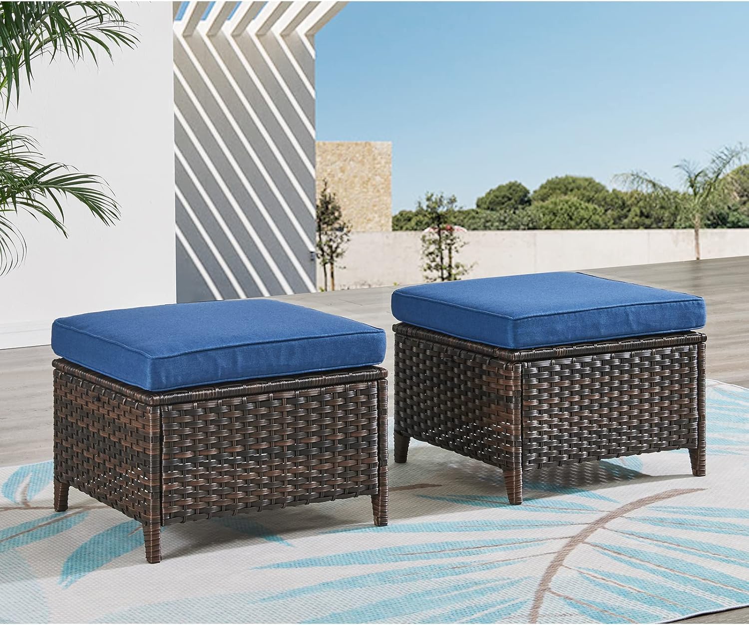 Outdoor Ottomans for Patio Set of 2 PE Wicker Steel Frame Outdoor Foot