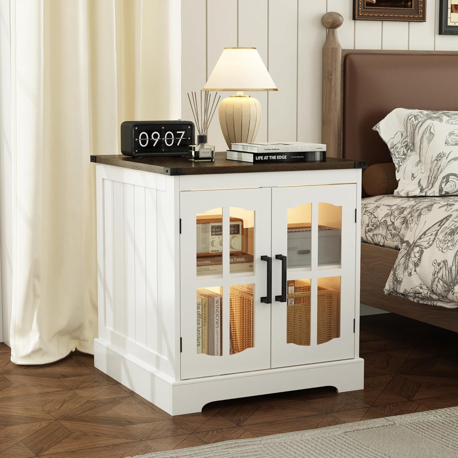 Farmhouse End Table, 24" Large Sofa Side Table with Charging Station & LED Light, White Nightstand with Adjustable Storage Shelf