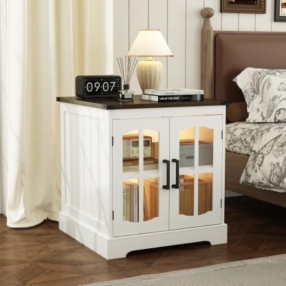 Farmhouse End Table, 24" Large Sofa Side Table with Charging Station & LED Light, White Nightstand with Adjustable Storage Shelf