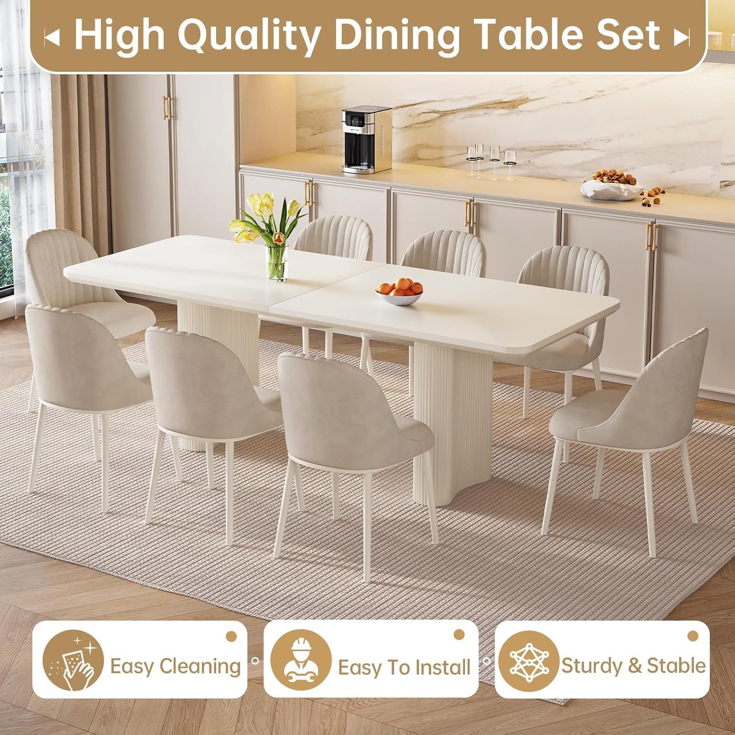 79" Rectangular Dining Table for 2-8, Large White Kitchen Table with 1.92" Dining Top and Sturdy Sleek Wave Pedestal
