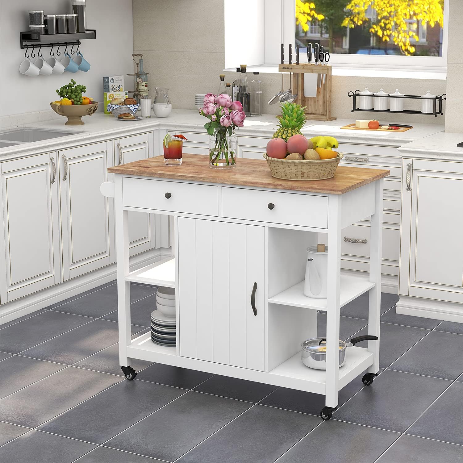Kitchen Cart on Wheels with Wood Top, Utility Wood Kitchen Islands with Storage