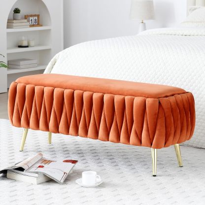Modern Storage Ottoman Bench, Velvet Upholstered End Bed Bench with Hand Weaving Deign