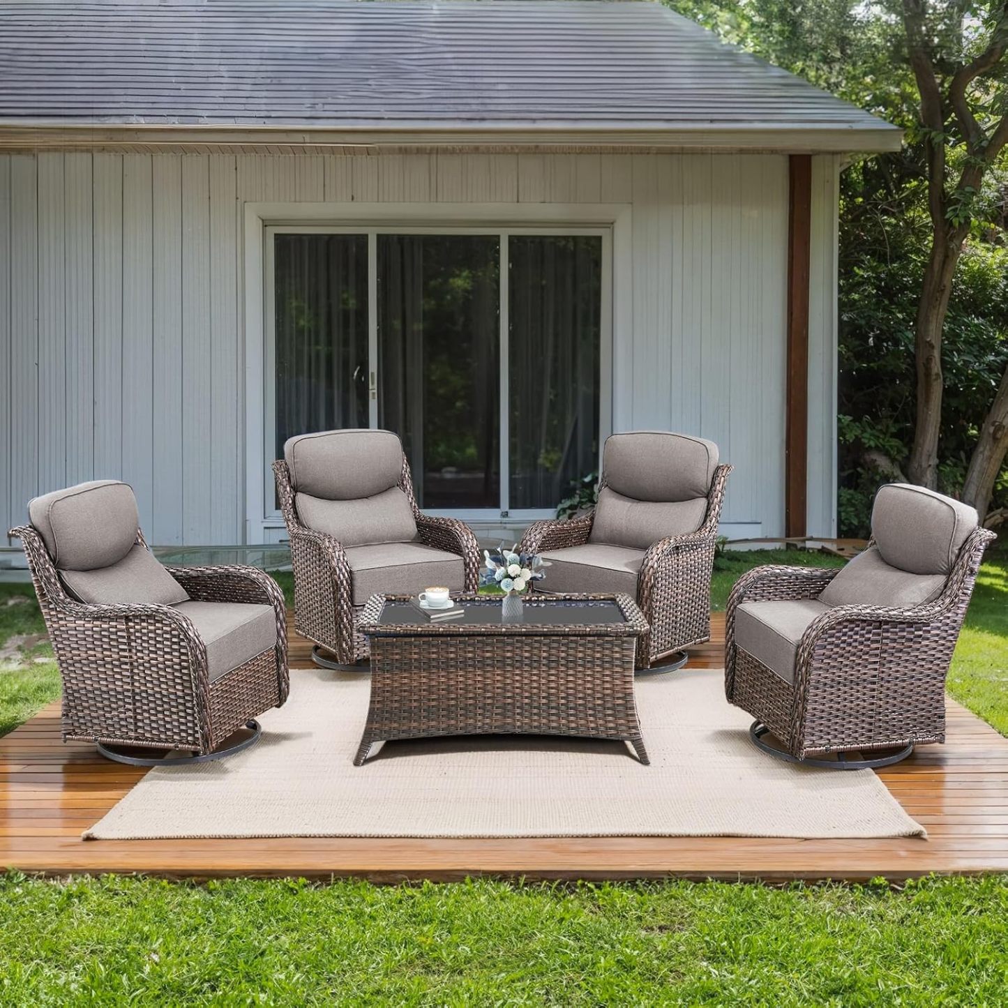 Wicker Outdoor Furniture Patio Swivel Chairs Set of 4 with Coffee Table,High Back Outdoor Swivel Rocker Chairs Conversation Set