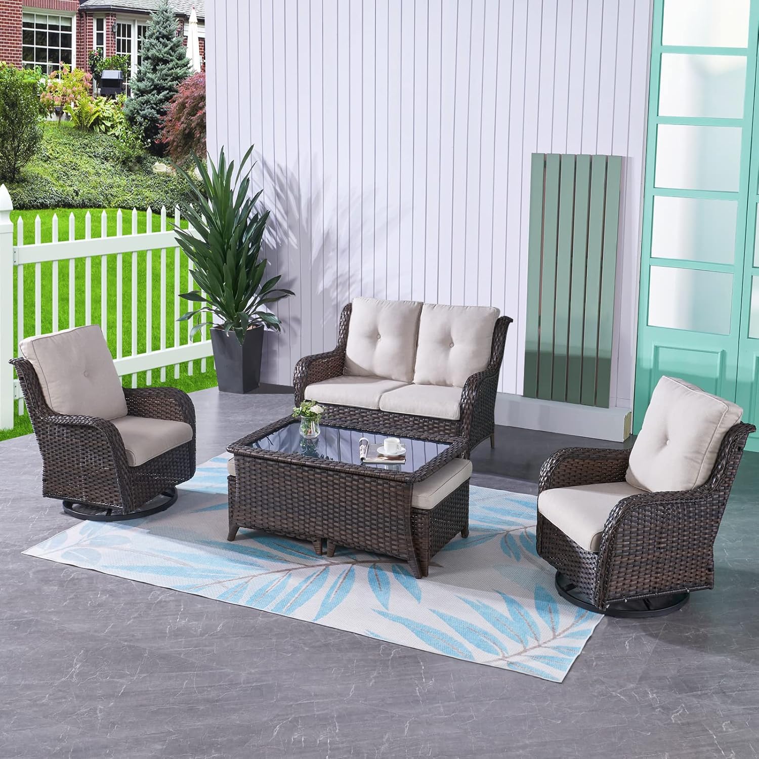 6 Pieces Outdoor Patio Furniture Set Wicker Swivel Patio Chairs with Ottomans 2 Seater