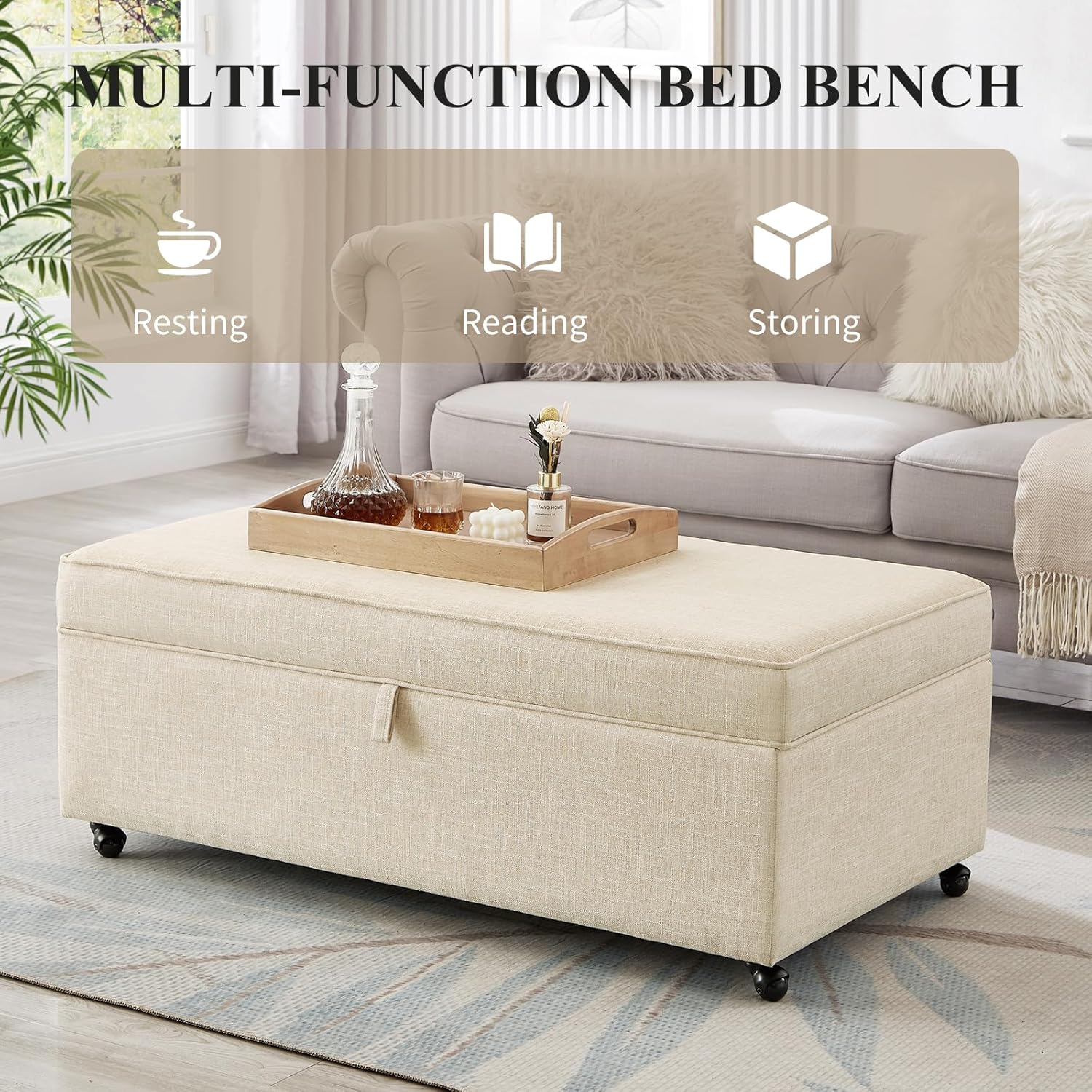 Storage Ottoman Bench, Linen Upholstered Ottoman Bench with Wheels, Multi-Function Bed Bench with Wood Frame