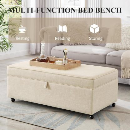 Storage Ottoman Bench, Linen Upholstered Ottoman Bench with Wheels, Multi-Function Bed Bench with Wood Frame
