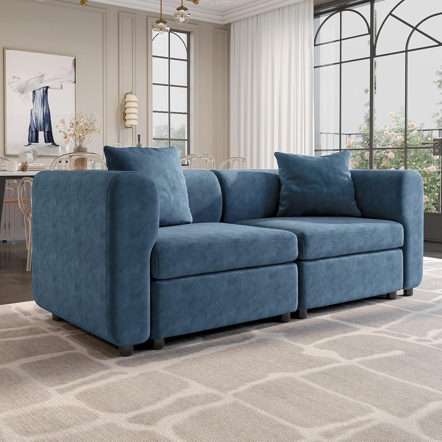 81.88" Blue Loveseat Sofa, Extra Width Sectional Sleeper Sofa with Armrest, Modular Sectional Sofa with Cushion and Removable Back Cushion