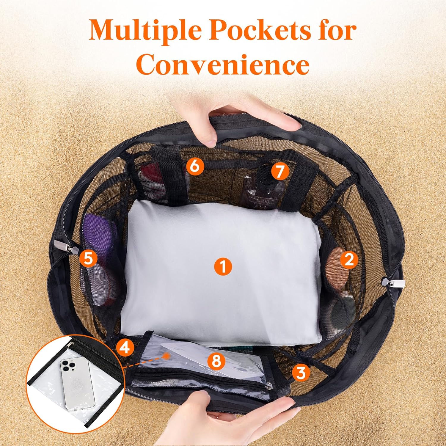 Mesh Beach Bags for Women, Large Travel Tote bags with Zipper and Pockets, Lightweight Shower Caddy