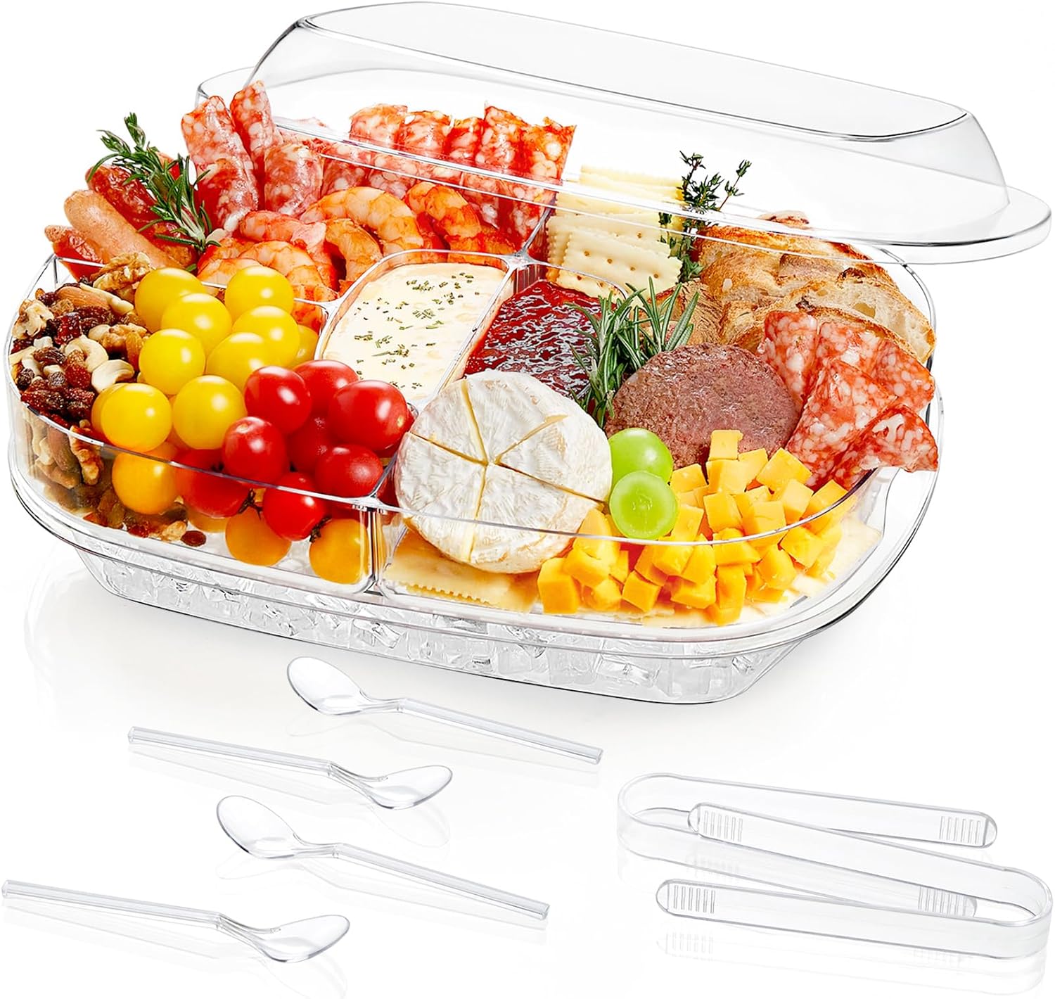 Chilled Serving Tray with Lid, 15" Shrimp Cocktail Platter with 6 Compartments, Divided Serving Bowl