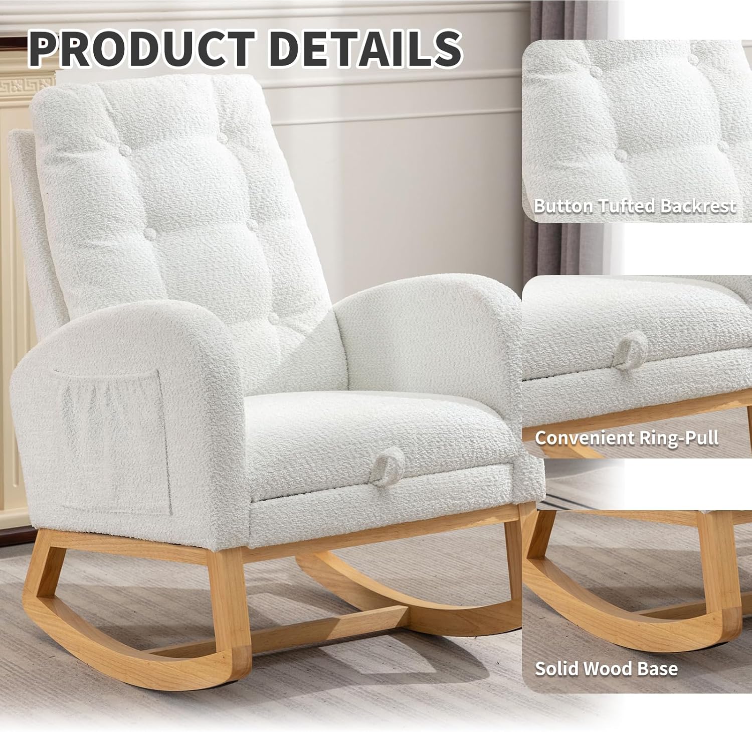 Nursery Rocking Chair, Polar Fleece Upholstered Glider Chair with Adjustable Footrest, Recliner Chair with Side Pocket