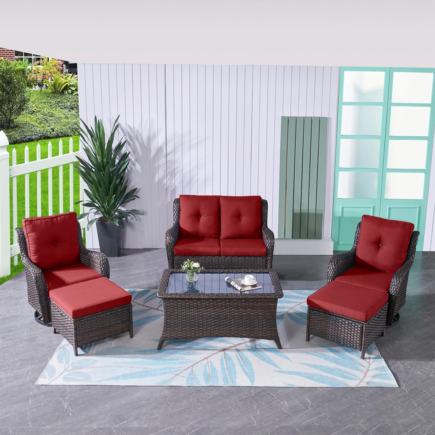 6 Pieces Outdoor Patio Furniture Set Wicker Swivel Patio Chairs with Ottomans 2 Seater