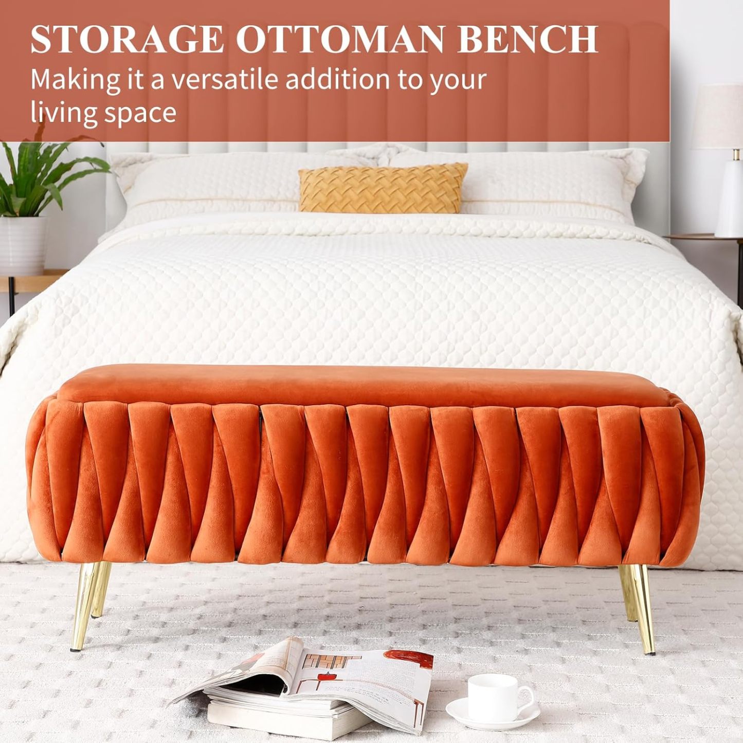 Modern Storage Ottoman Bench, Velvet Upholstered End Bed Bench with Hand Weaving Deign