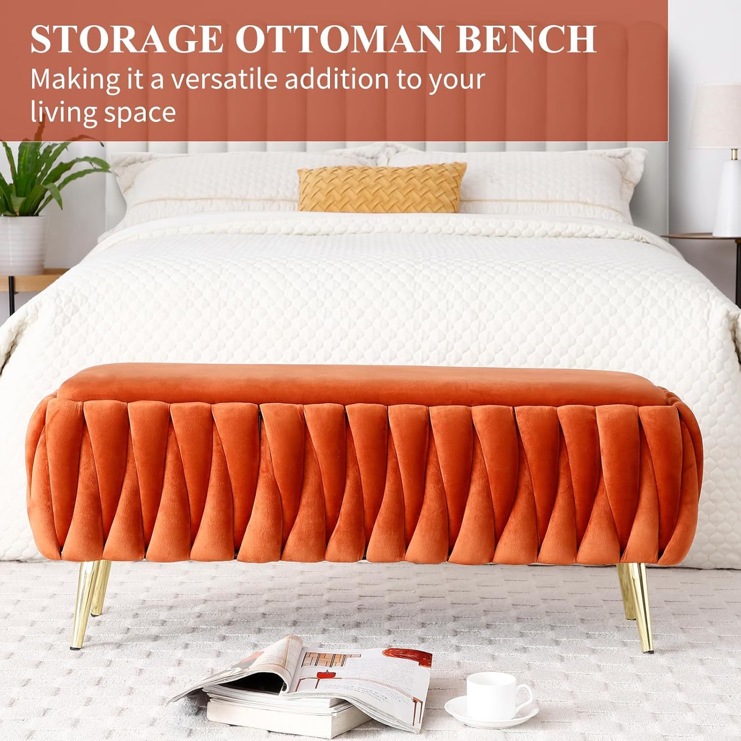 Modern Storage Ottoman Bench, Velvet Upholstered End Bed Bench with Hand Weaving Deign