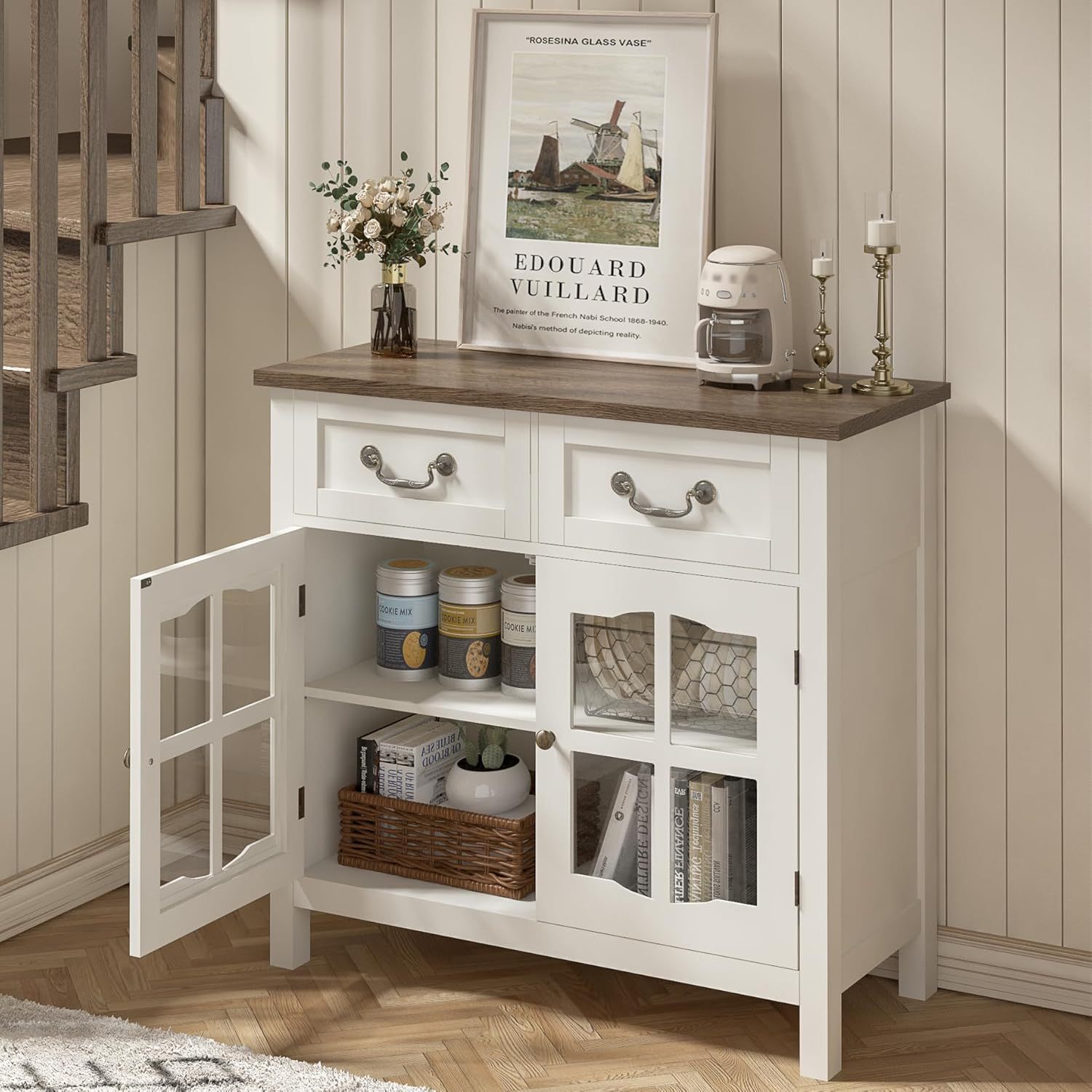 Farmhouse Sideboard Buffet Cabinet with Storage, Coffee Bar Cabinet with Glass Doors