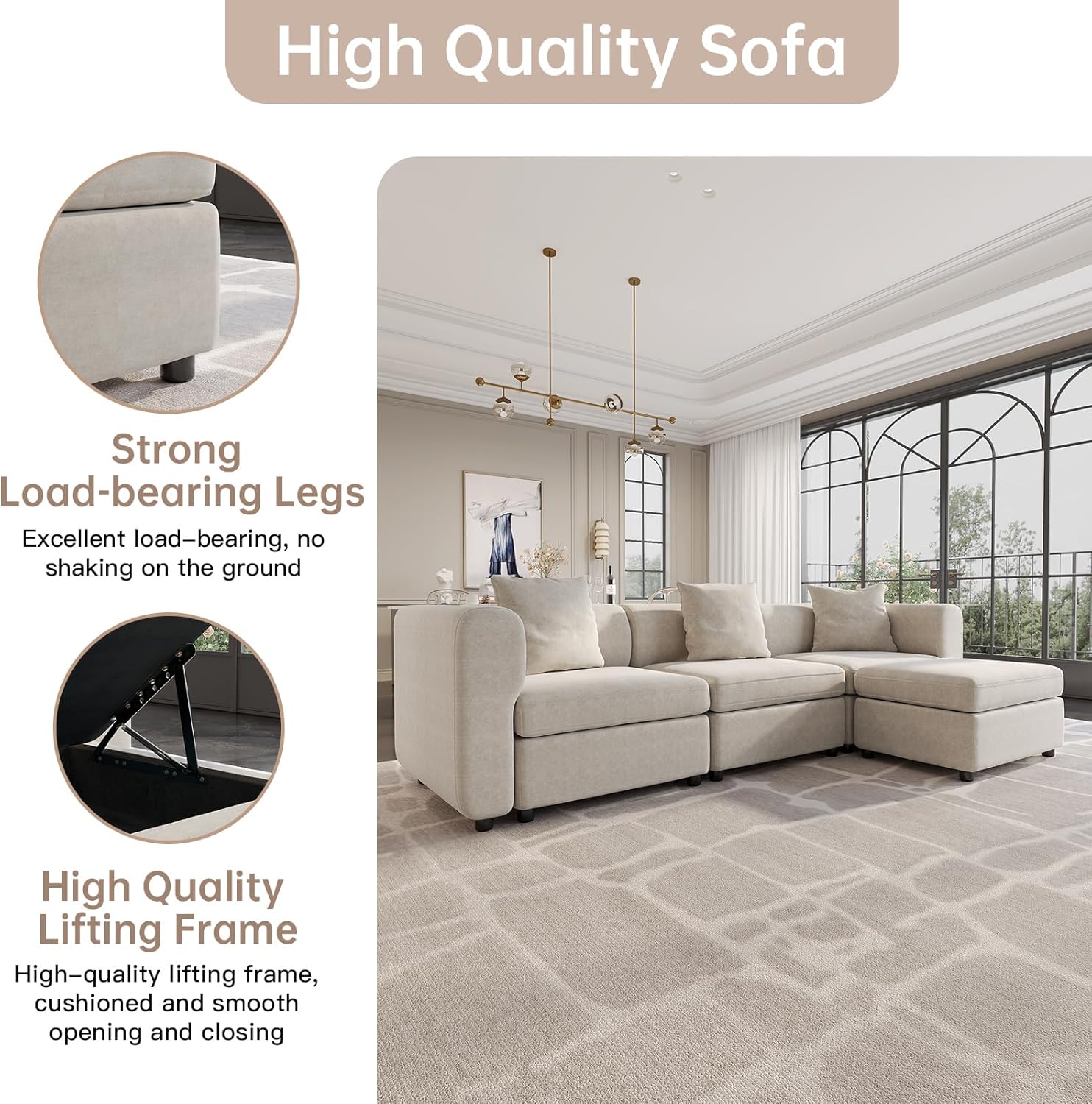 Off-White Comfy Queen Sectional Sofa, Sleeper Sofa Couch with Removable Cushion, Modular Sofa with Pillows and Storage Chaise