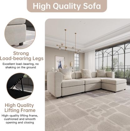 Off-White Comfy Queen Sectional Sofa, Sleeper Sofa Couch with Removable Cushion, Modular Sofa with Pillows and Storage Chaise