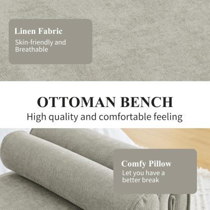 50" W Ottoman Bench for Small Space, Linen Upholstered Ottoman Bench with Thick Cushion