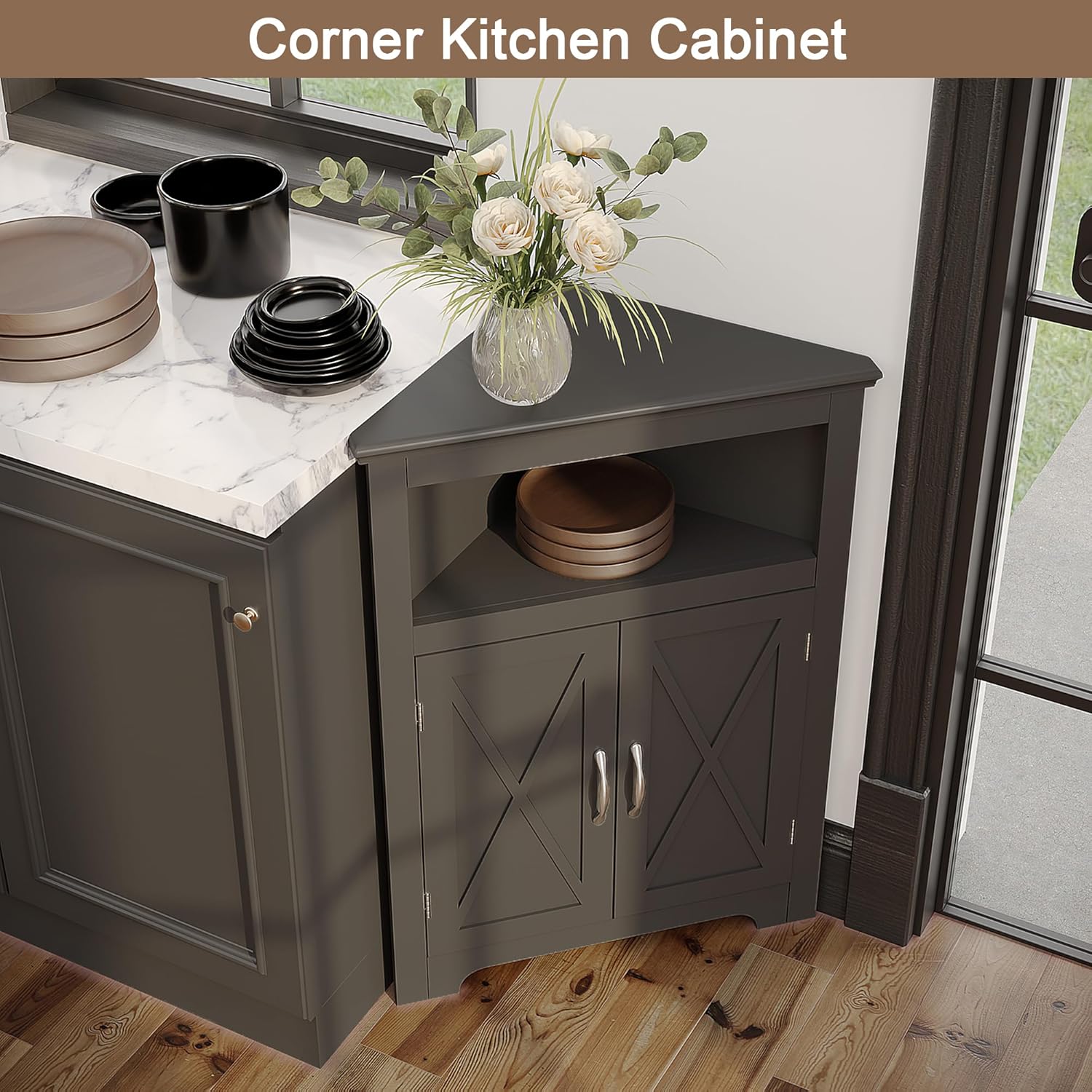 Corner Storage Cabinet, Small Corner Cabinet with Barn Door Design and Adjustable Shelf