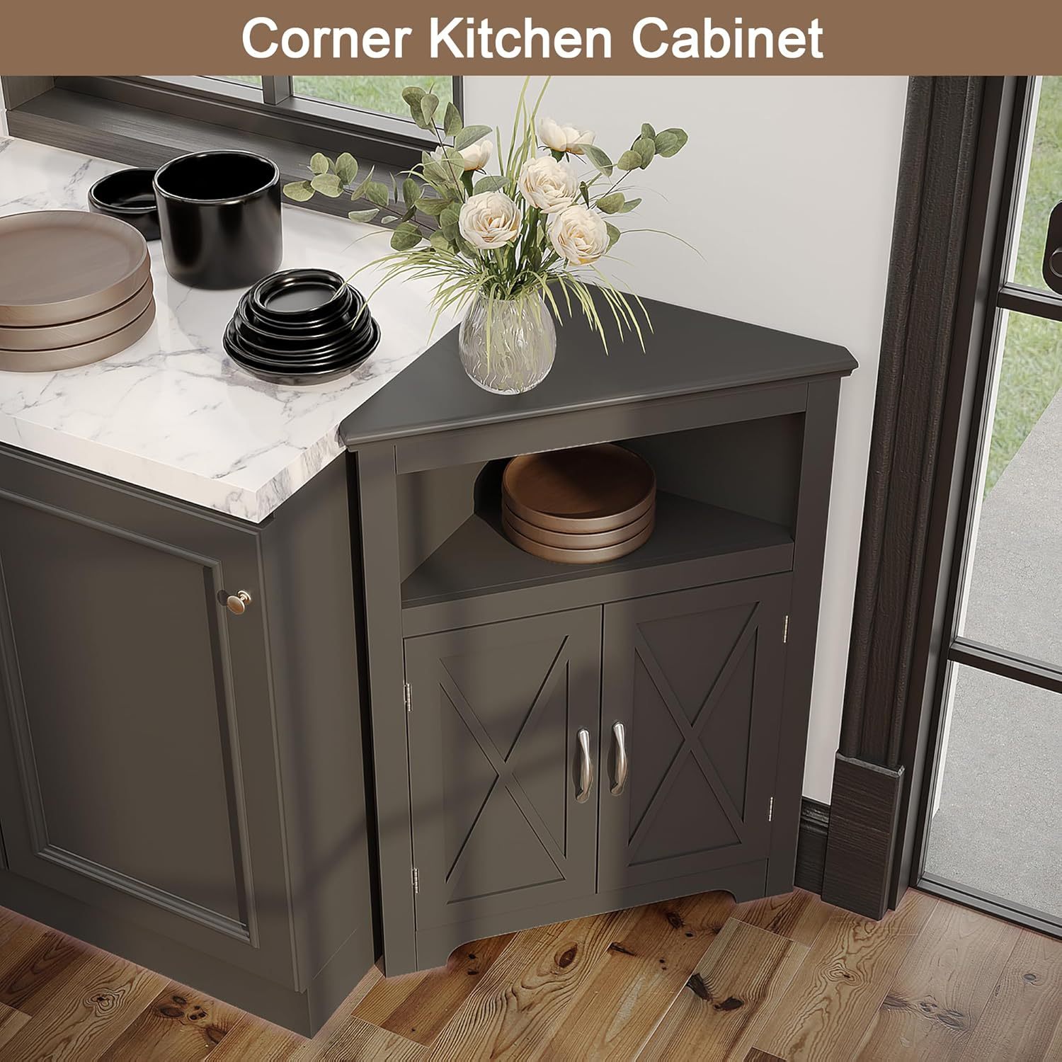 Corner Storage Cabinet, Small Corner Cabinet with Barn Door Design and Adjustable Shelf