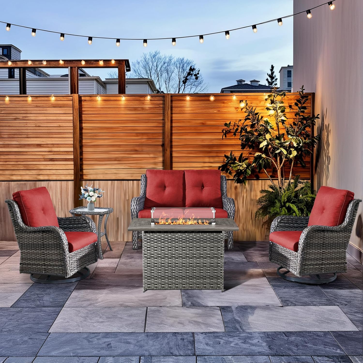 Patio Furniture Set with Fire Pit Table 5-Piece Wicker Outdoor Swivel Rocker Patio Chairs Loveseat Conversation Set