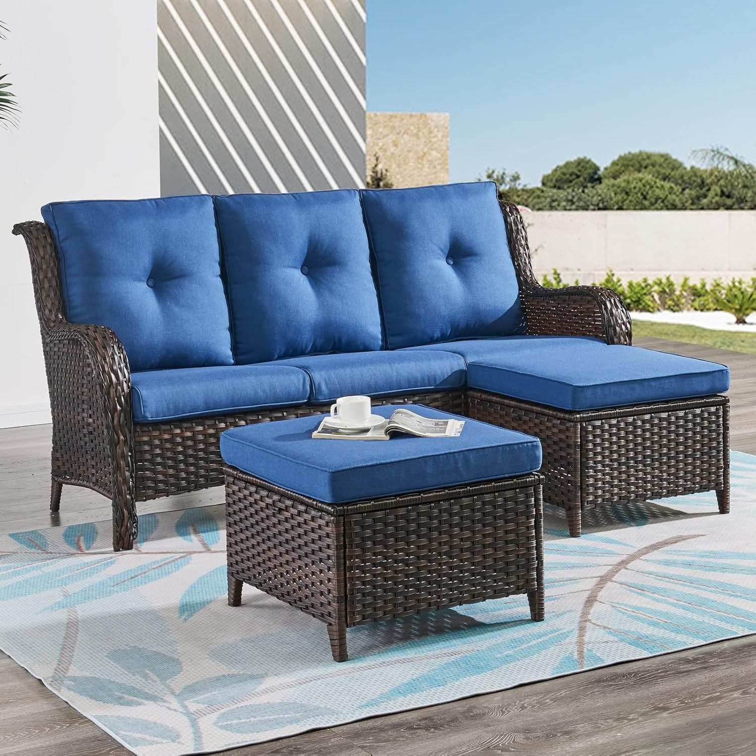 3 Piece Patio Furniture Set All Weather Wicker Outdoor Sectional Sofa Manual Weaving Rattan High Curved Back Patio Couch with Ottomans