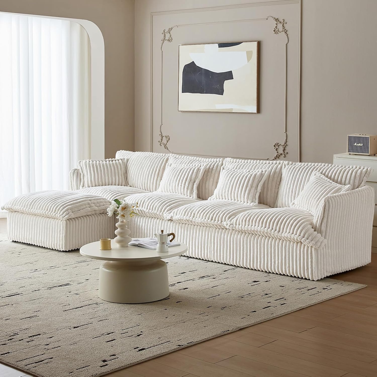 130.7" Corduroy Futon Couch, 4 Seater White Cloud Couch with Ottoman, Comfy Soft Sofa, Modern Corduroy Couch for Bedroom, Living Room