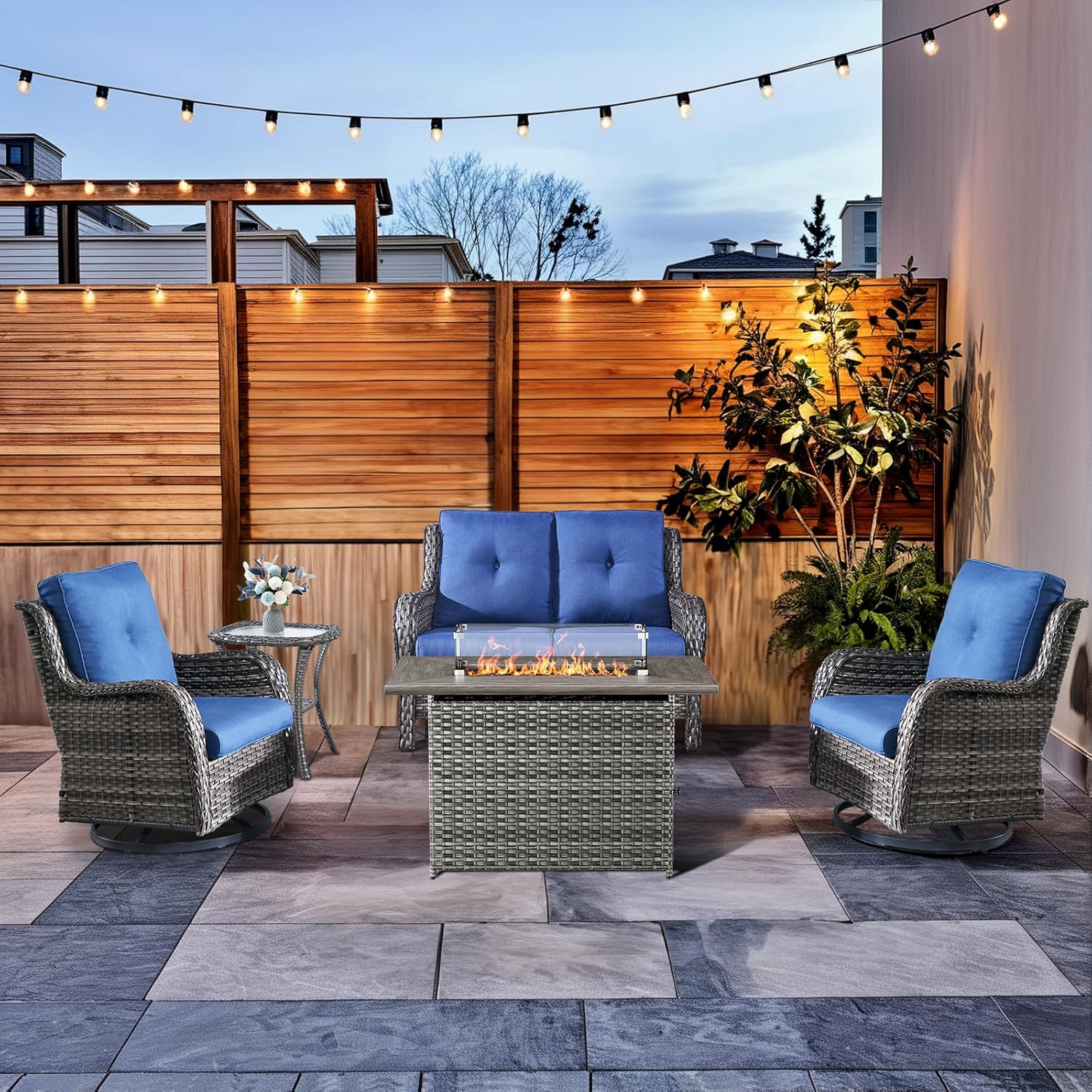 Patio Furniture Set with Fire Pit Table 5-Piece Wicker Outdoor Swivel 