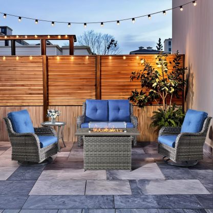 Patio Furniture Set with Fire Pit Table 5-Piece Wicker Outdoor Swivel Rocker Patio Chairs Loveseat Conversation Set
