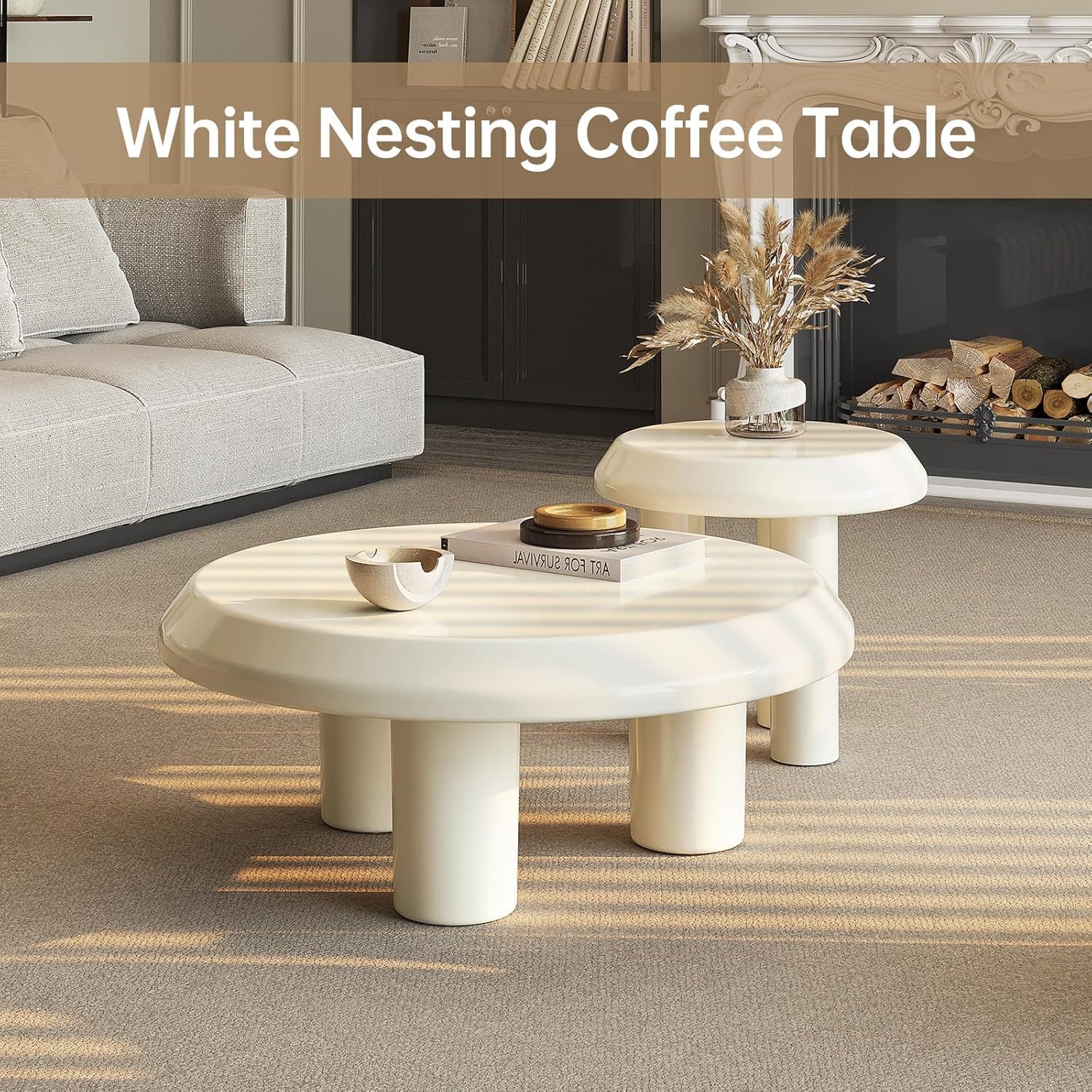 Round Coffee Table with Round End Table Sets, 3 in 1 Multifunctional Nesting Coffee Table Set of 2, Modern Coffee Table Sets with Sturdy Legs