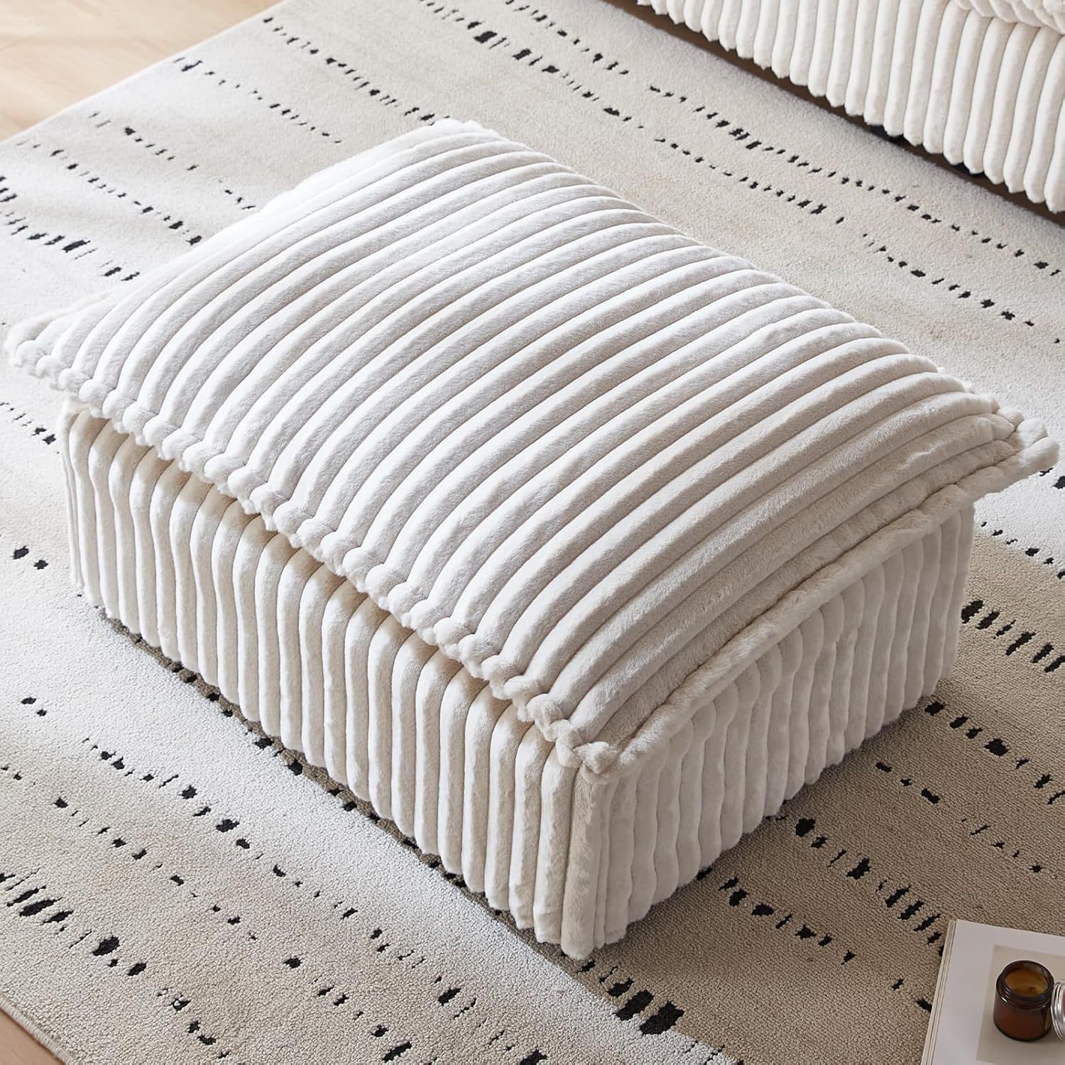 White Corduroy Pouf Ottoman, Small Foot Stools Ottoman with Soft and Poofy Mat for Living Room, Bedroom (White, Ottoman)