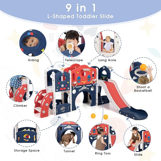 9-in-1 Castle Amusement Playground Playhouse, Indoor Outdoor Playset for Toddlers Age 1-3