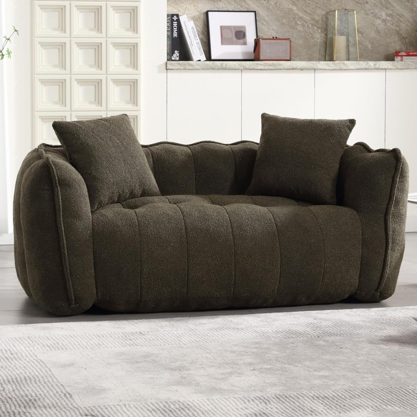 Giant Bean Bag Sofa Chair, Teddy Upholstered Bean Bag Couch with Petal Backrest, Tufted Lazy Sofa with Two Pillows