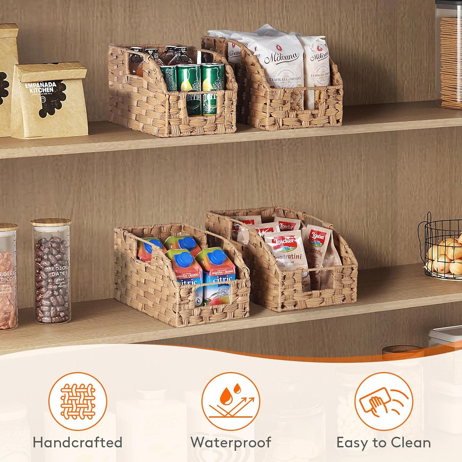 Handwoven PP Wicker Storage Basket, Waterproof Imitation Rattan Basket with Built-in Handles, Trapezoid Baskets for Organizing Shelves
