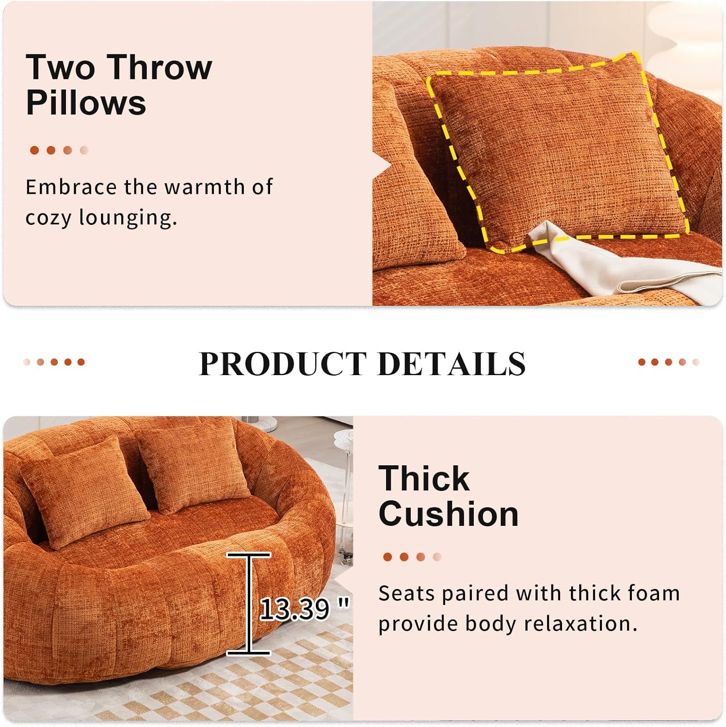 Oval Bean Bag Sofa, Chenille Upholstered Bean Bag Chair with Pillows, Padded Lazy Sofa with Tufted Backrest, Stuffed Bean Bag Couch with Thick Cushion